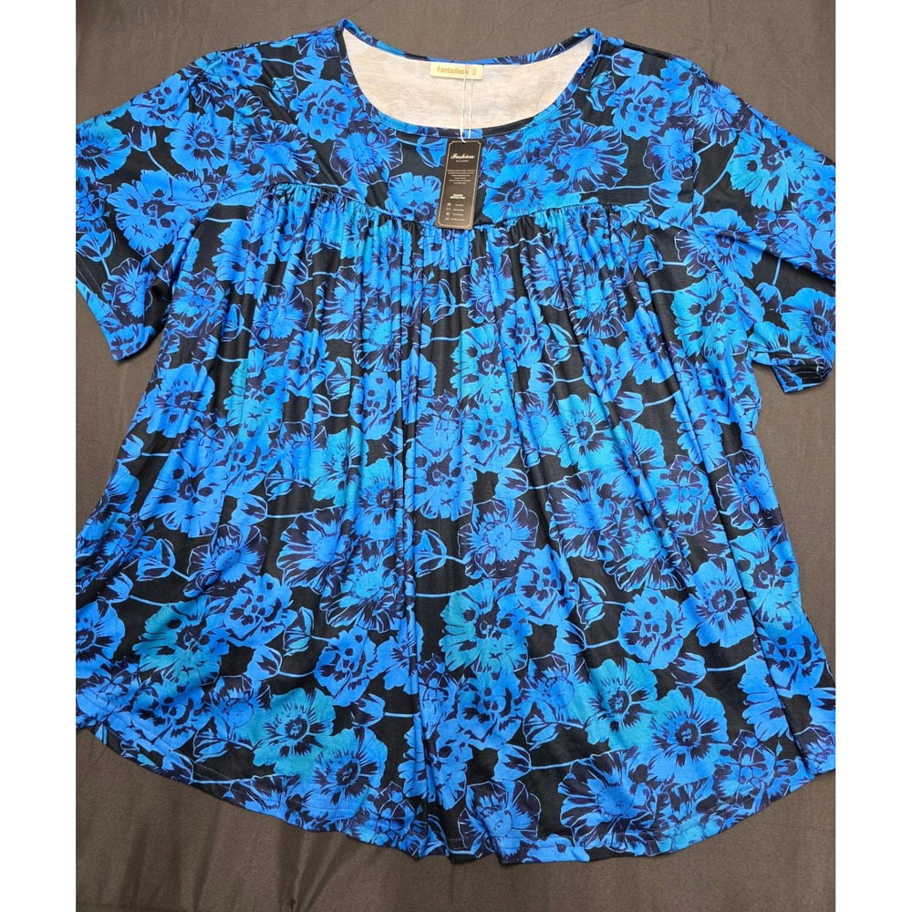Fantaslook Blue Floral Babydoll Top Short Sleeve Empire Waist Tunic Blouse 5XL